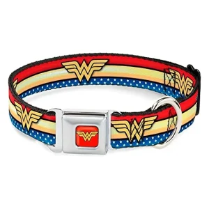 BUCKLE DOWN DOG COLLAR – WONDER WOMAN LOGO STRIPE – 1.0 WIDE 11″-16.5″