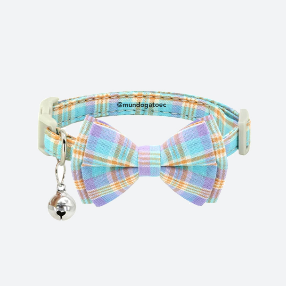 Collar celeste y naranja con lacito de algodón