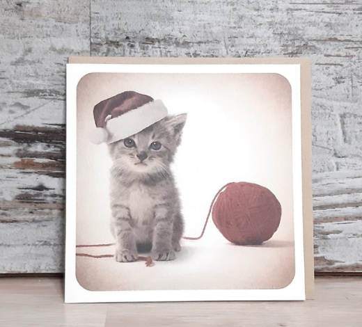 Postal navideña ovillo gato