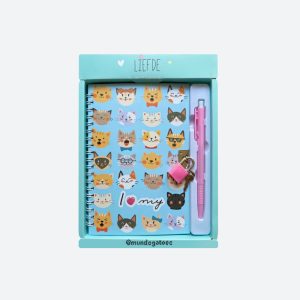 Diario personal celeste de gatitos con candado