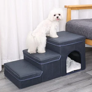 Escalera plegable 3 en 1 resistente al agua, con baúles y cucha para mascotas (Azul)
