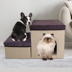 Escalera plegable 3 en 1 para mascotas con baúl y cucha con almohadón (Beige + Violeta)