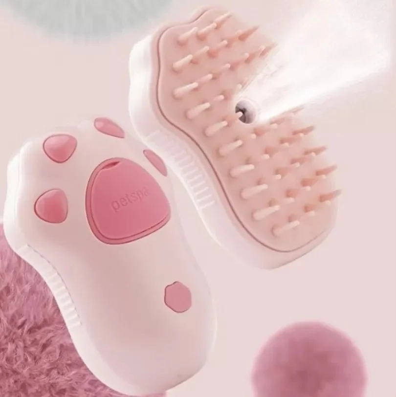 Peine 3 en 1! Cepillo con vapor masajeador para perros y gatos (Huella rosa)