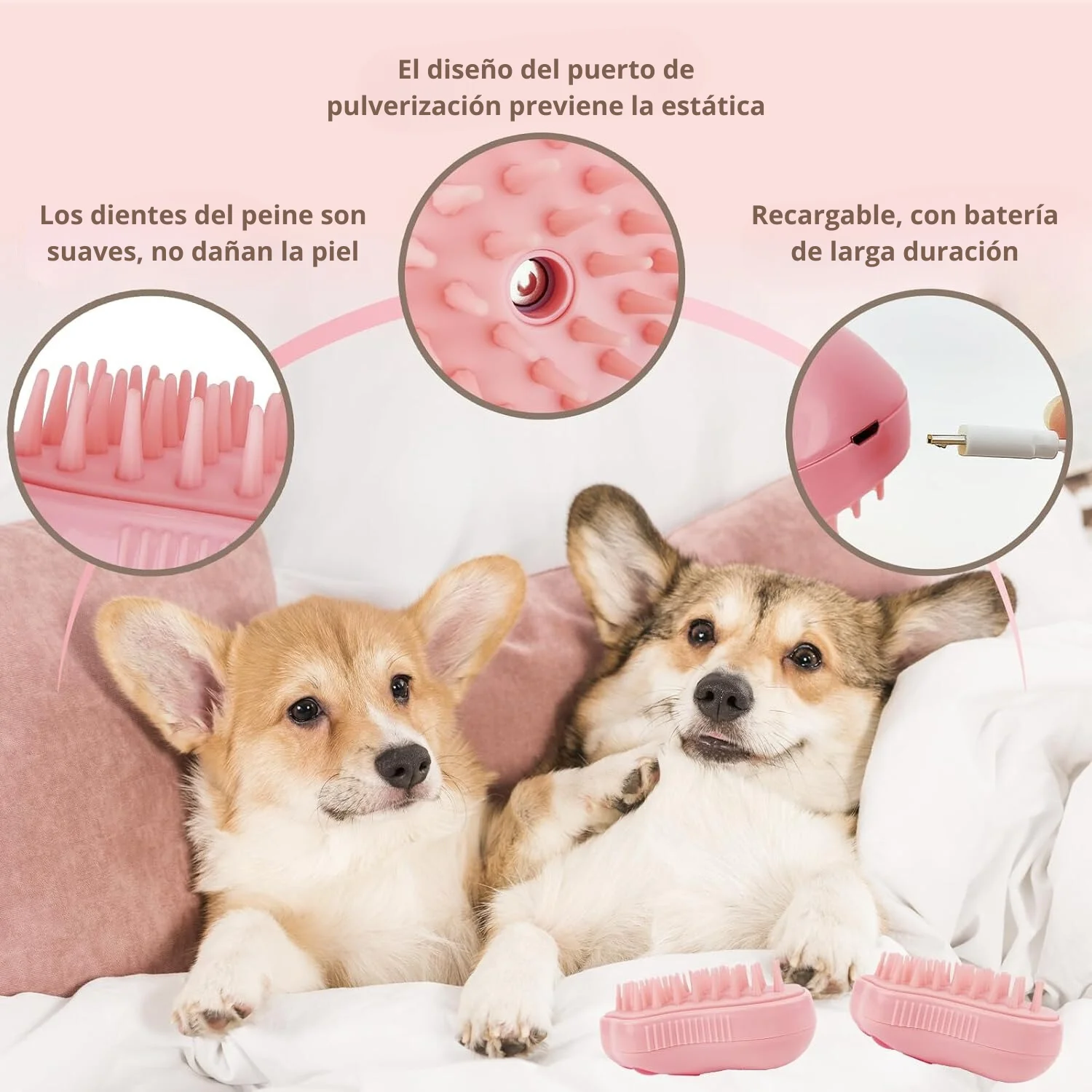 Peine 3 en 1! Cepillo con vapor masajeador para perros y gatos (Huella rosa) - Imagen 3