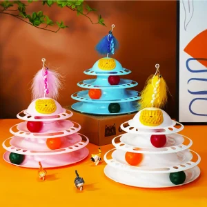 Torre de pistas interactiva de 4 niveles con pelotas, plumas y yerba gatera (Varios colores)