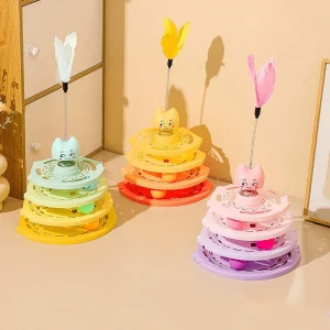 Torre de pistas interactiva de 4 niveles con pelotas y pluma (Varios colores)