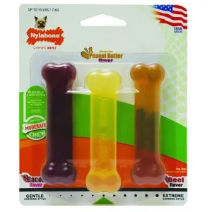 NYLABONE FLEXI TRIPLE PACK BACON. PEANUT BUTTER . BEEF PETITE
