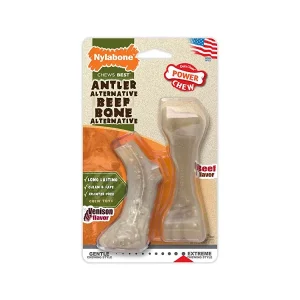 NYLABONE POWER CHEW ANIMAL PART ALTERNATIVE ANTLER & BEEF BONE TWIN PACK SMALL