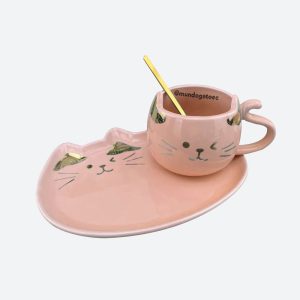 Taza en forma de gato con plato y cuchara – Rosa