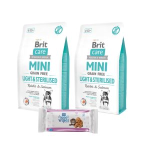 2 Brit Care Mini GF Light & Sterilised (2kg) + Pet Ag Wipes GRATIS