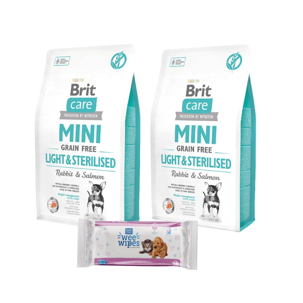 2 Brit Care Mini GF Light & Sterilised (2kg) + Pet Ag Wipes GRATIS